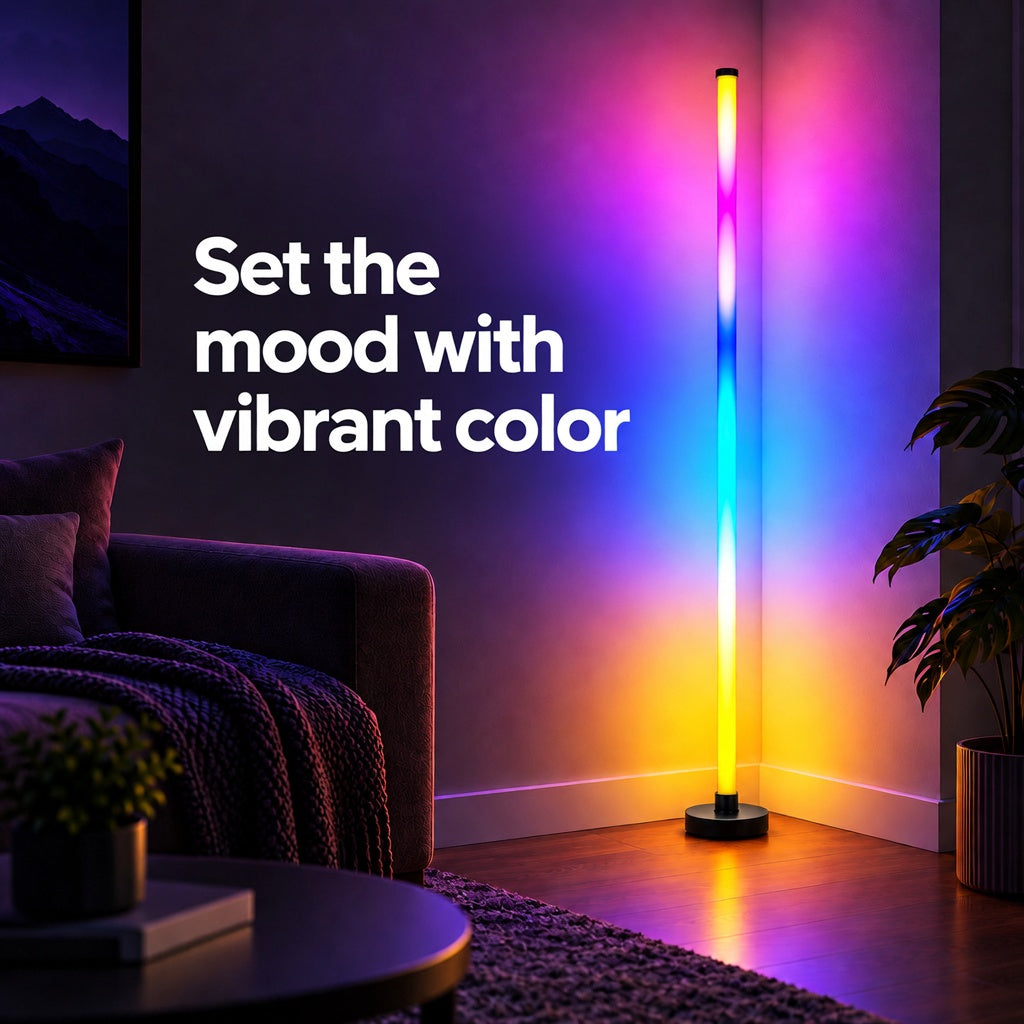 Glowinex Aura Orbit RGB floor lamp creating ambient room lighting