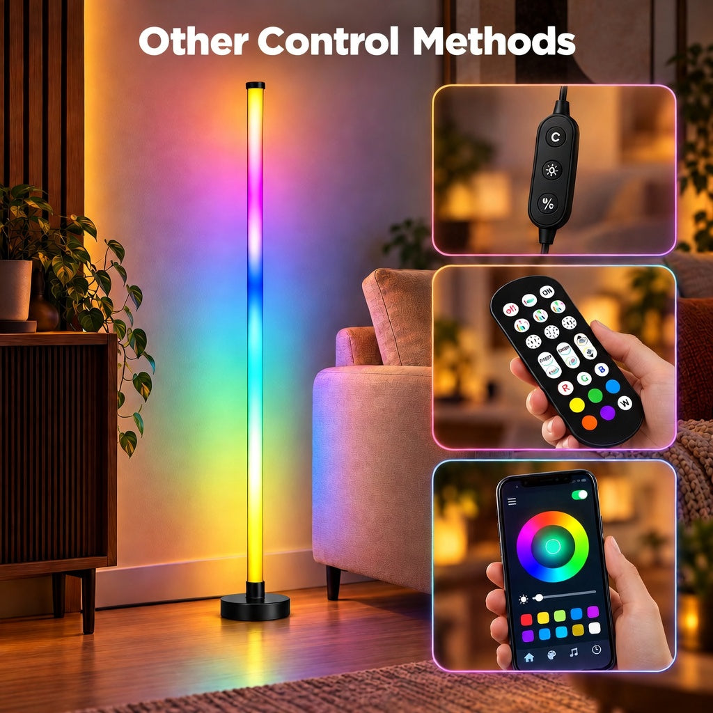 Glowinex Aura Orbit RGB floor lamp with slim vertical light and circular ring base