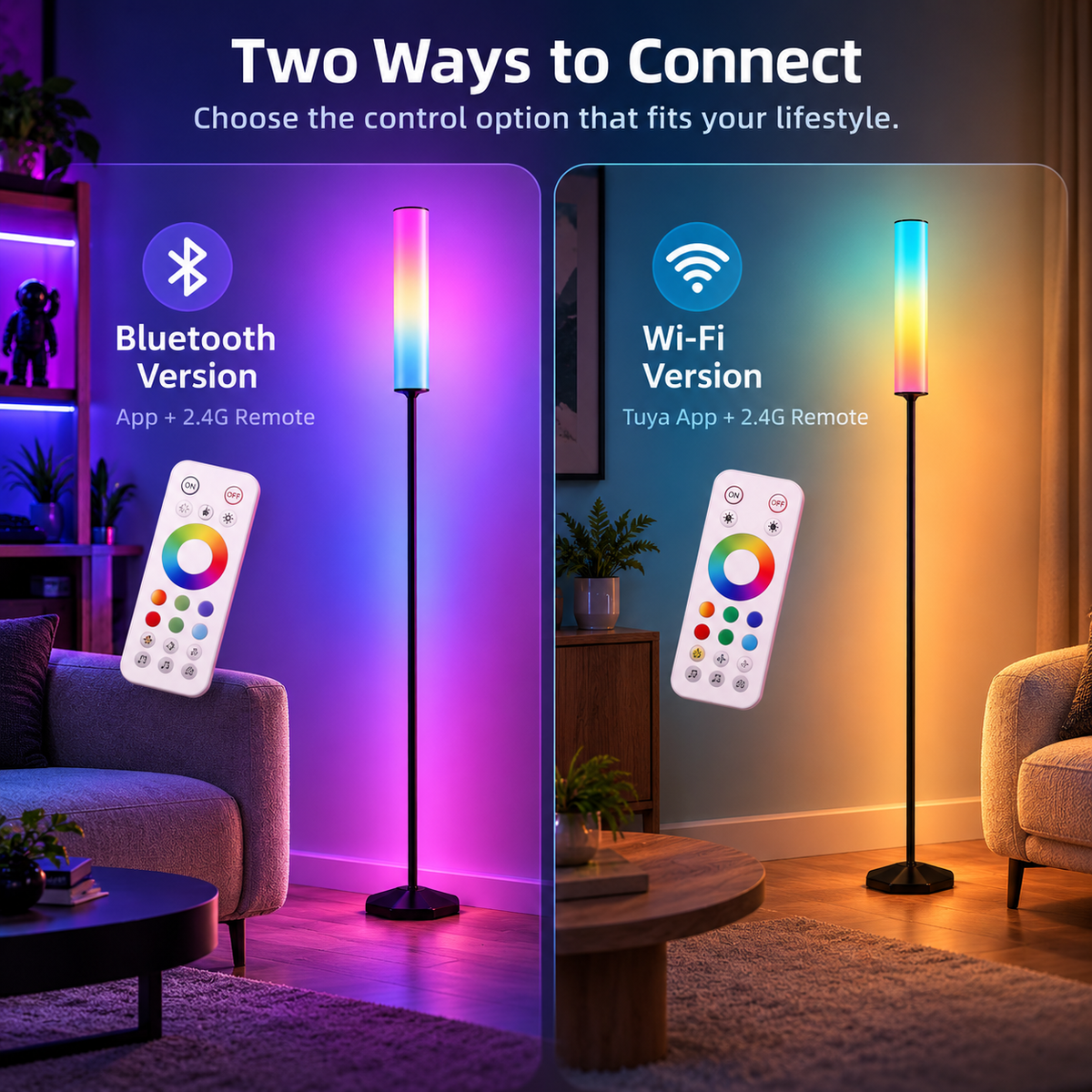 Glowinex Aura floor lamp with mobile-app and remote-control variants, gallery view