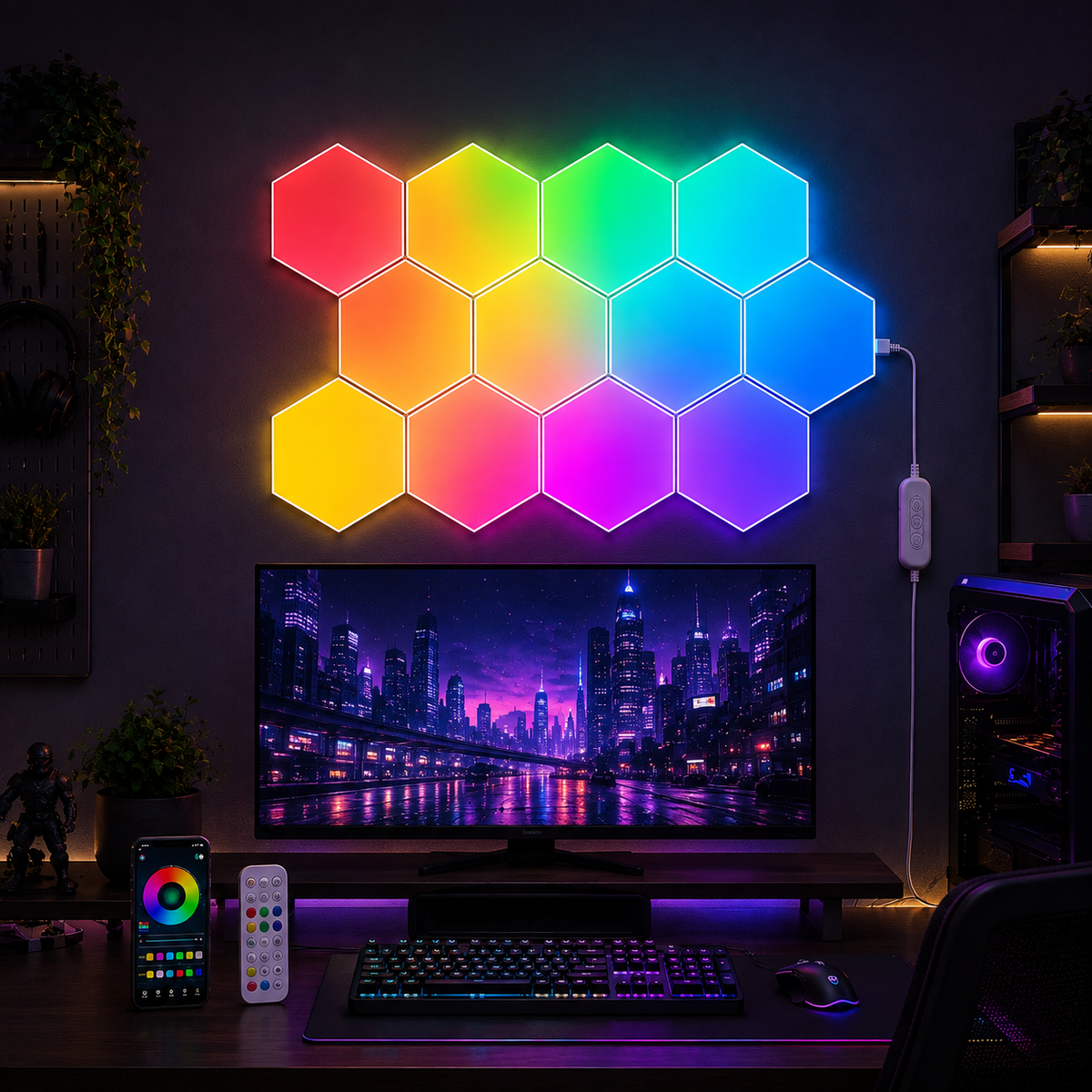 Glowinex Edge Hexagon RGB wall lights for gaming setups