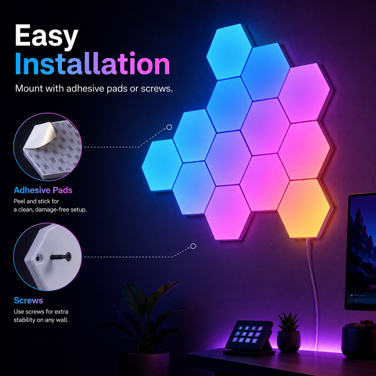 Glowinex Edge Hexagon RGB light panels in a modular layout