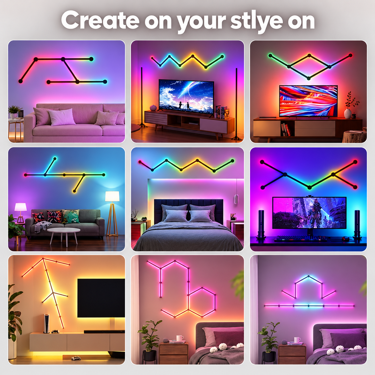 Glowinex Edge Link modular RGB wall light bars shown in customizable geometric layouts