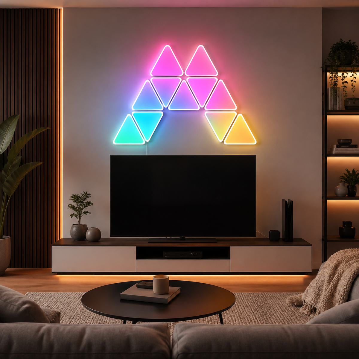 Glowinex Edge Triangle LED wall light panels for colourful ambient room lighting