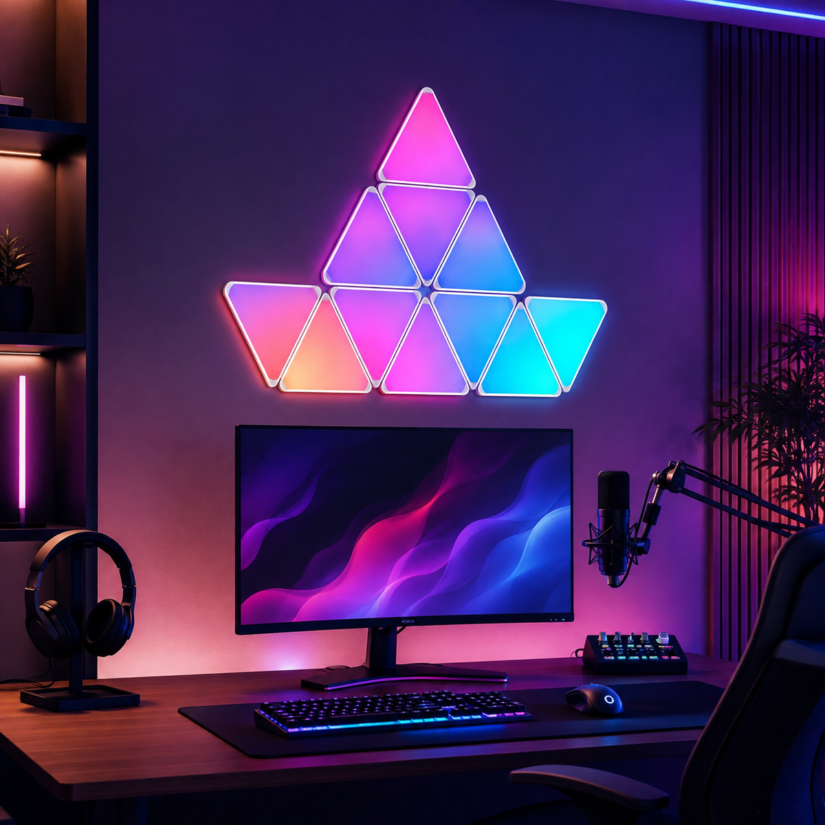 Glowinex Edge Triangle RGB light panels in a modular geometric wall arrangement