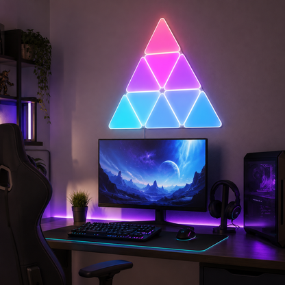 Glowinex Edge Triangle modular RGB panels creating a geometric wall-lighting feature