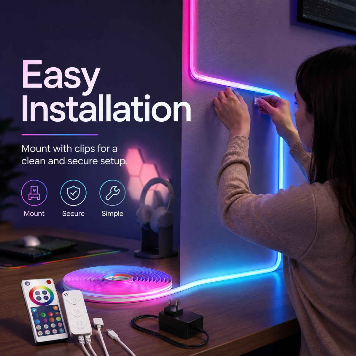Glowinex Flow Spectrum flexible LED neon rope light, product gallery photograph