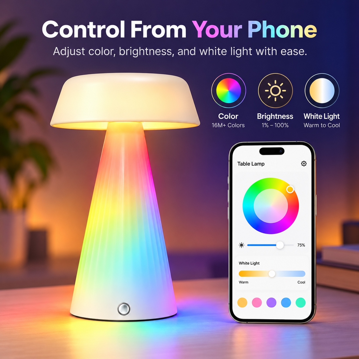 Glowinex Halo Bloom rechargeable table lamp with warm white and cool white lighting options