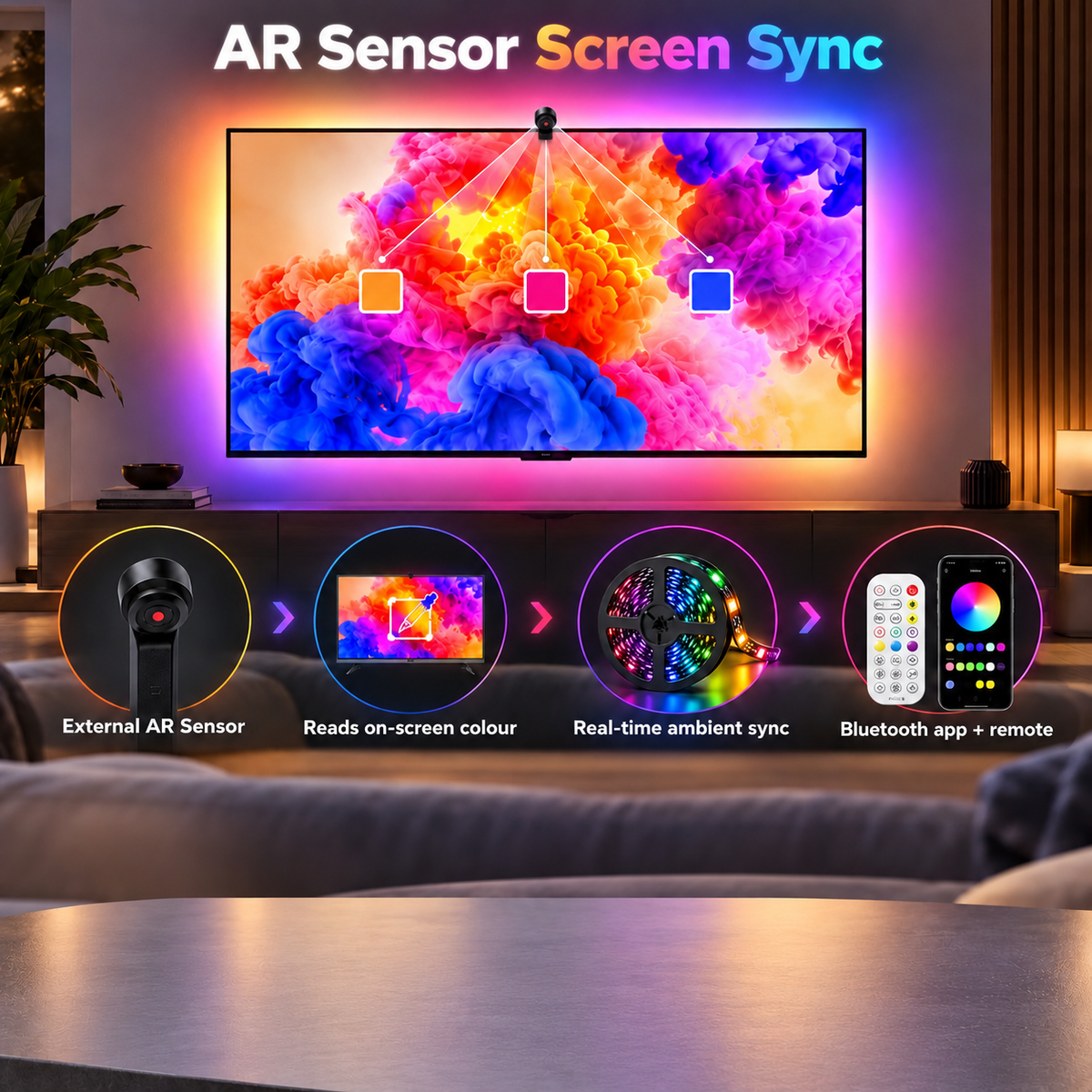 Glowinex Sync Vision Bluetooth app-controlled RGB TV backlight, additional product view