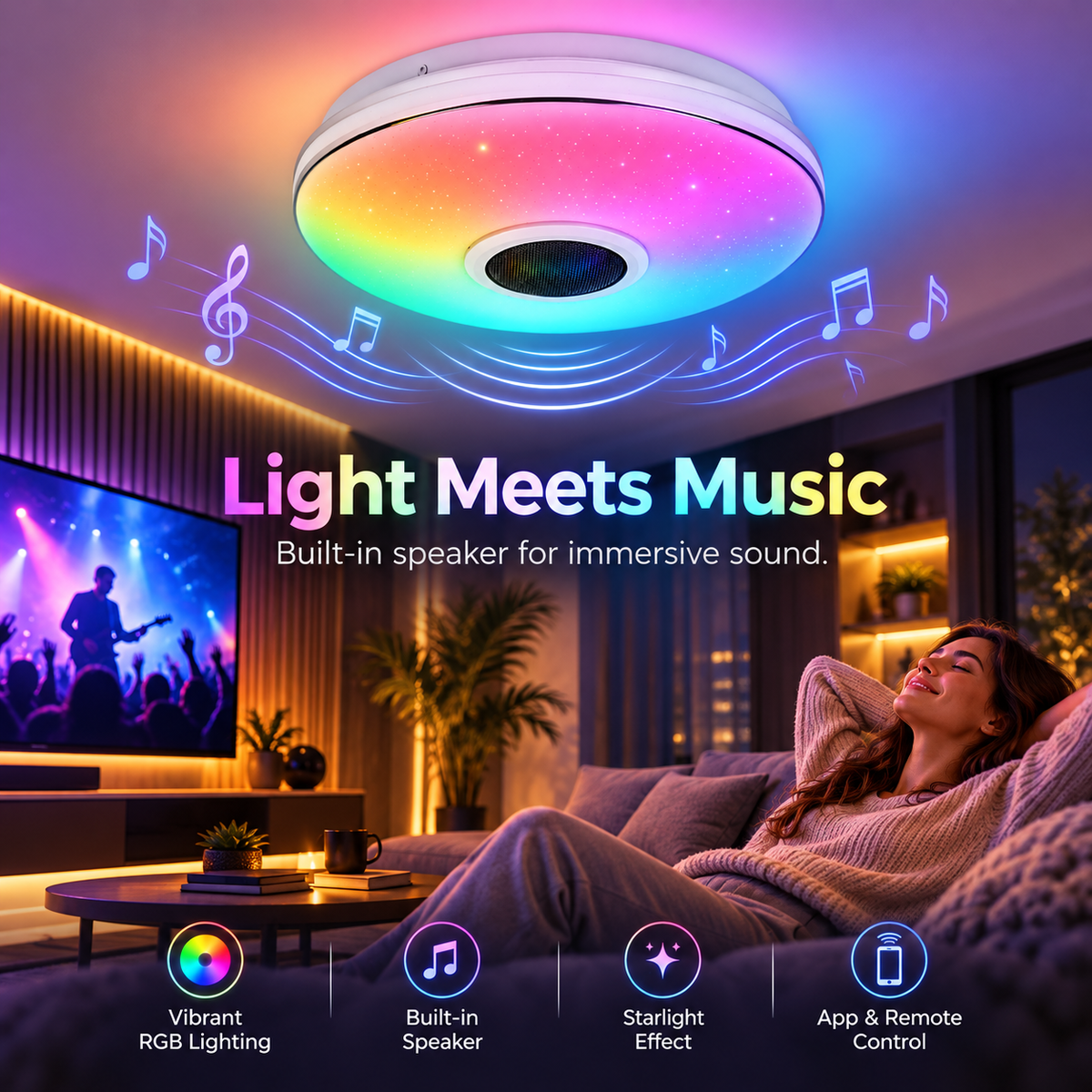 Glowinex Zenith Pulse RGB ceiling lamp with music-reactive lighting, product gallery view